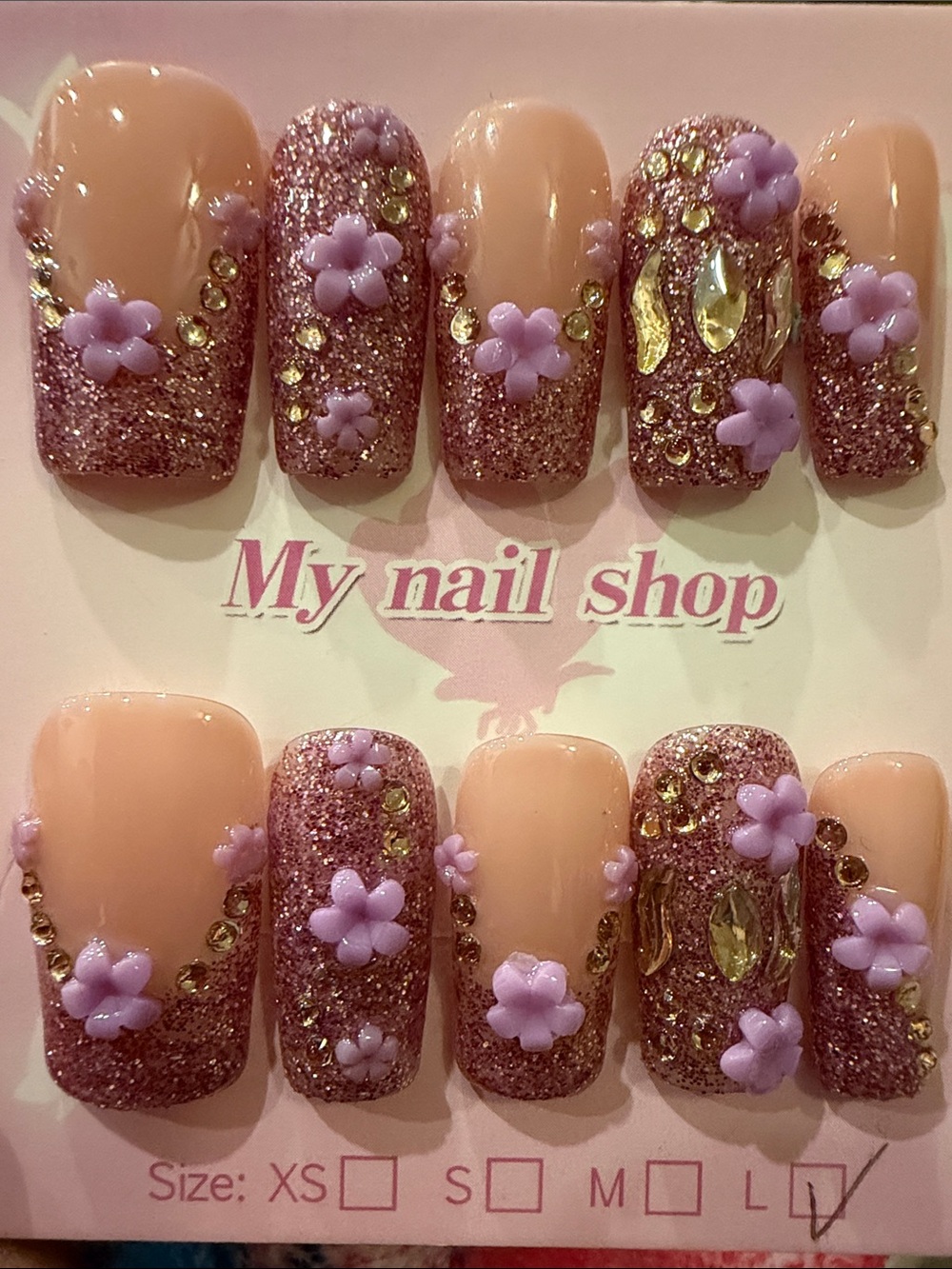 Pink Glitter Floral handmade acrylic Press-On Nails